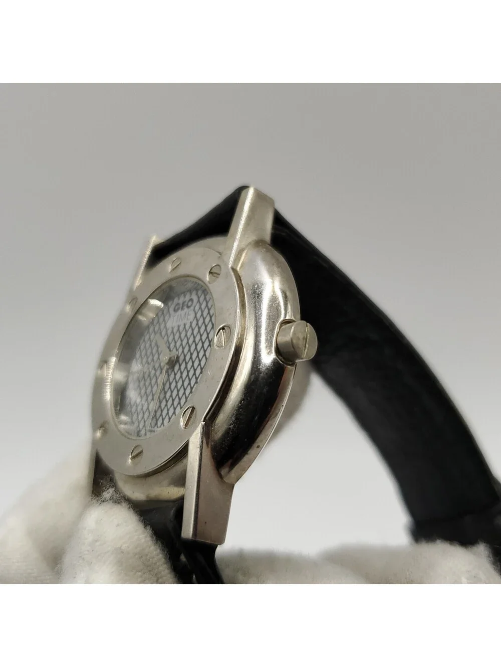 Geo Time Always Ahead Of Time 35mm Quartz New Battery Silver Tone Black Band